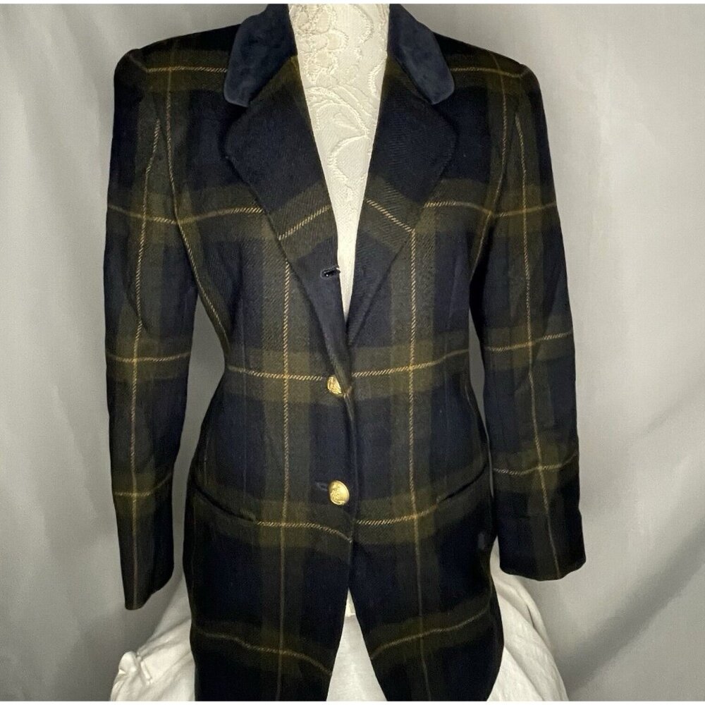 Vintage Jones New York s 10 Navy Yellow Plaid Jacket Velvet Collar Blazer Tartan
